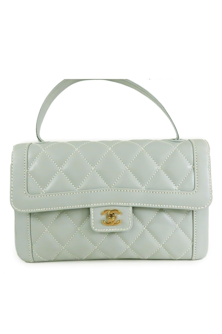 Chanel Wild Stitch Top Handle Bag Ice Blue Gold Leather Handbag